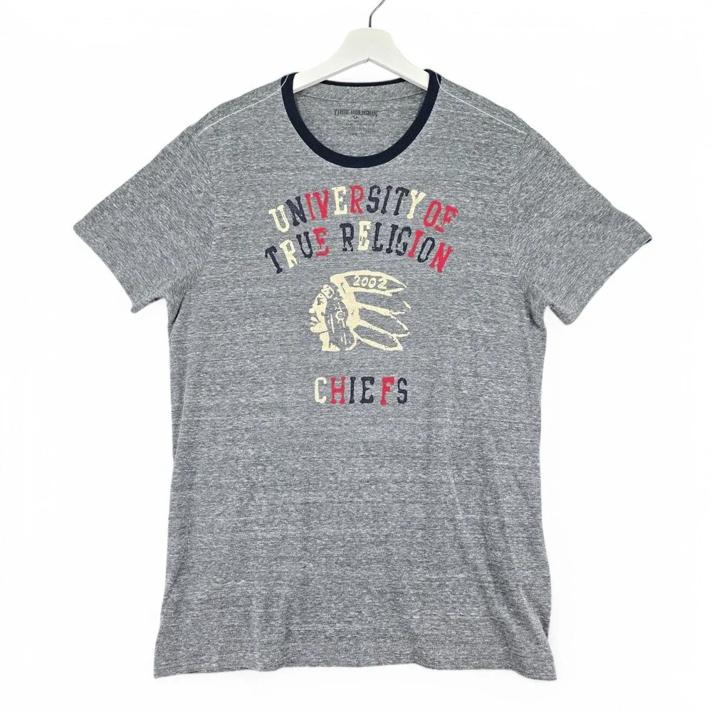 True Religion University T Shirt Mens Medium Gray Graphic Tee Cotton Blend M